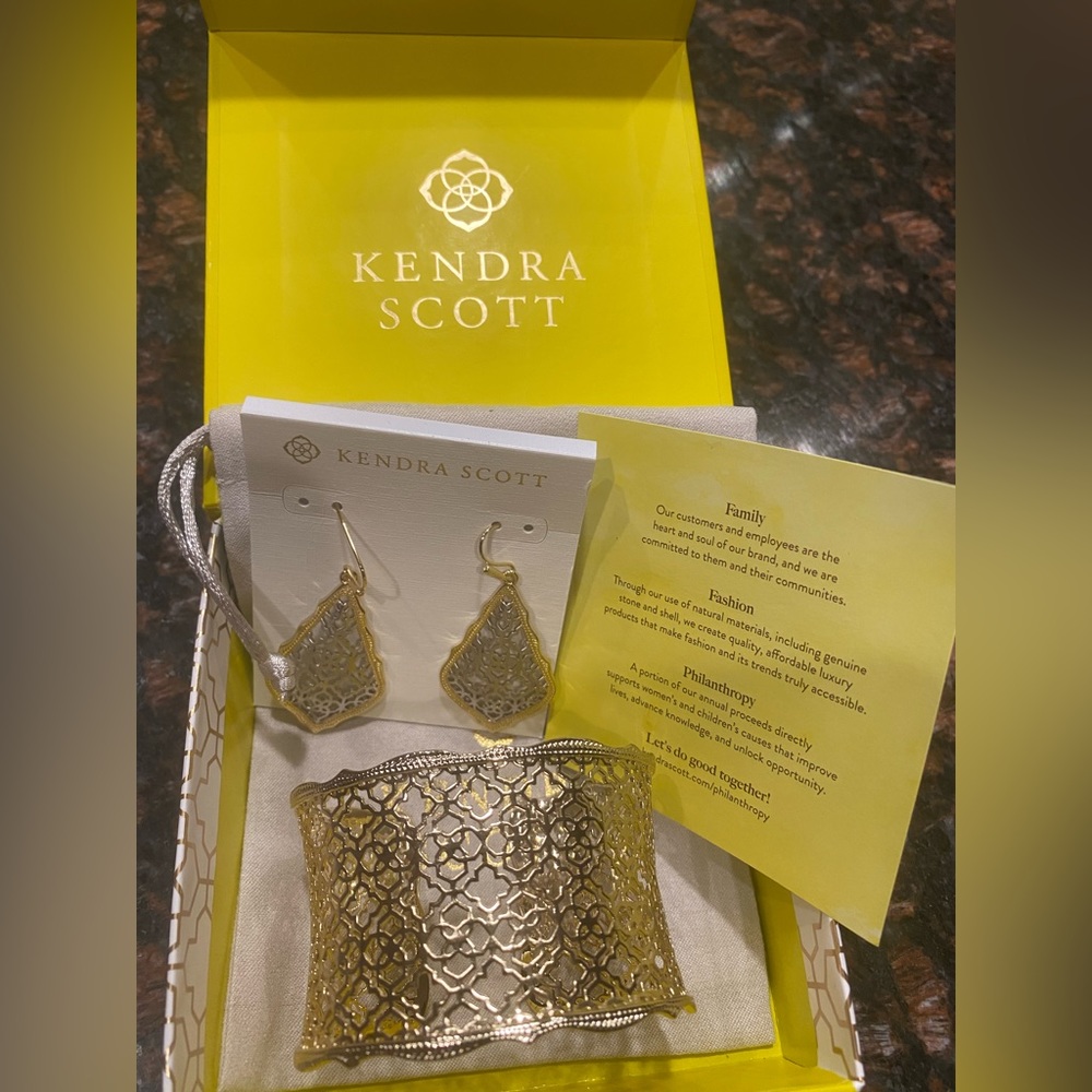Kendra Scott set includes Addie Drop earrings and Candice gold cuff